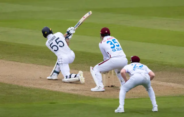 Ben Stokes slog-sweeps for six