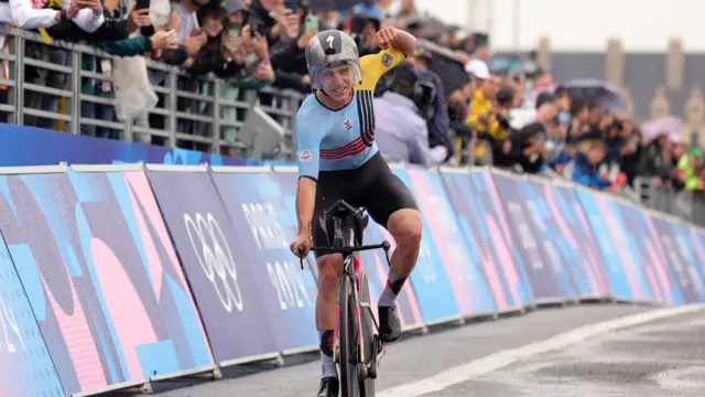 Remco Evenepoel of Belgium reacts during the Men's Individual Time Trial at the Road Cycling competitions in the Paris 2024 Olympic Games