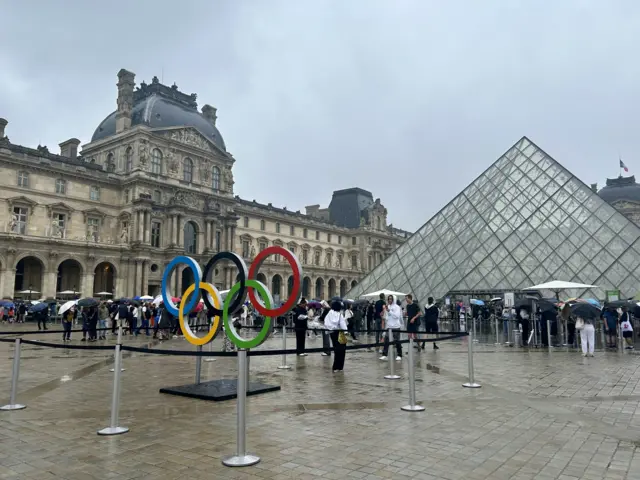 Olympic rings in front of the Louvre