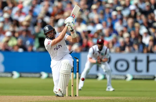 Jamie Smith is bowled by Shamar Joseph