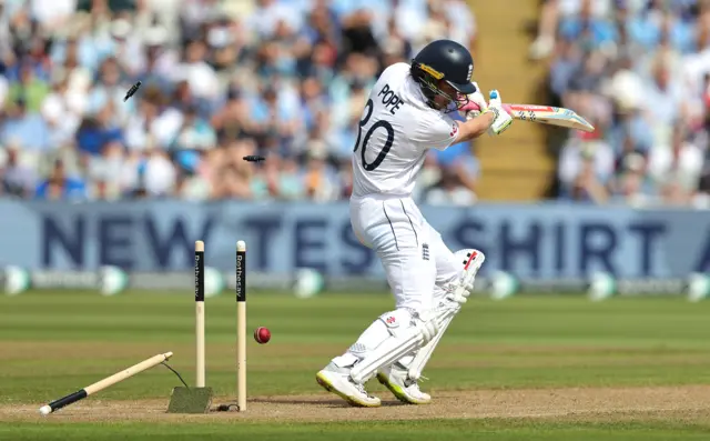 Ollie Pope drags Shamar Joseph onto his stumps