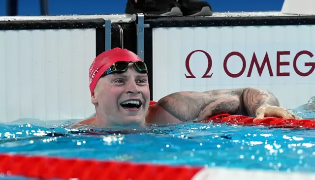 Great Britain's Adam Peaty following the Men's 100m Breaststroke Final at the Paris La Defense Arena