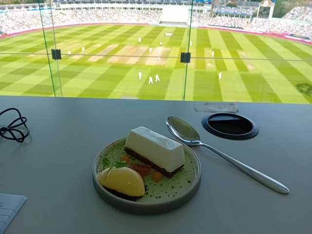 Edgbaston dessert with the cricket playing out behind