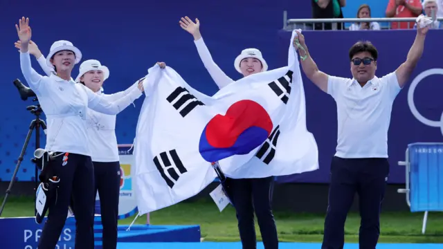 Team South Korea celebrates winning the Women Team Gold Medal match against China of the Archery competitions in the Paris 2024 Olympic Games