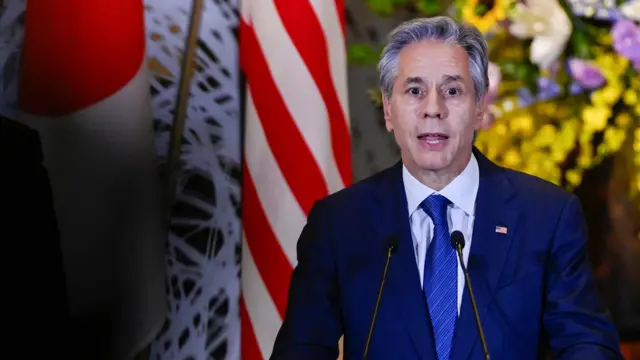 US Secretary of State Antony Blinken speaks during a press conference with Japanese Defense Minister Minoru Kihara, Japanese Foreign Minister Yoko Kamikawa and U.S. Secretary of Defense Lloyd Austin