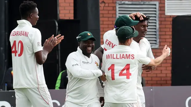 Richard Ngarava celebrates taking an Irish wicket on Saturday