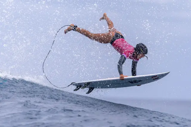 Sol Aguirre exiting a wave during the Olympic surfing