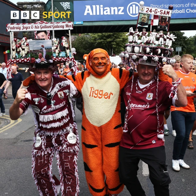 Galway supporters Philip Coleman and Michael Coleman with Armagh Supporter Tigger