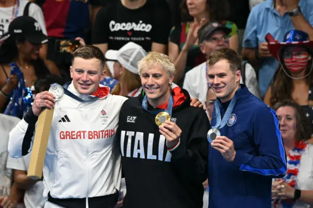 Silver medallist Britain's Adam Peaty, gold medallist Italy's Nicolo Martinenghi and silver medallist US' Nic Fink