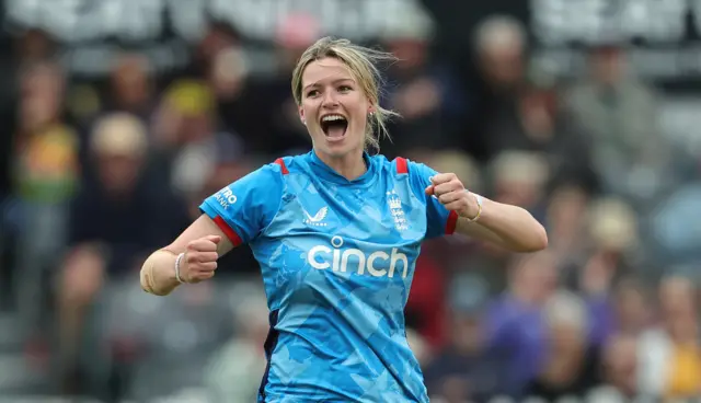 Lauren Bell celebrates a wicket