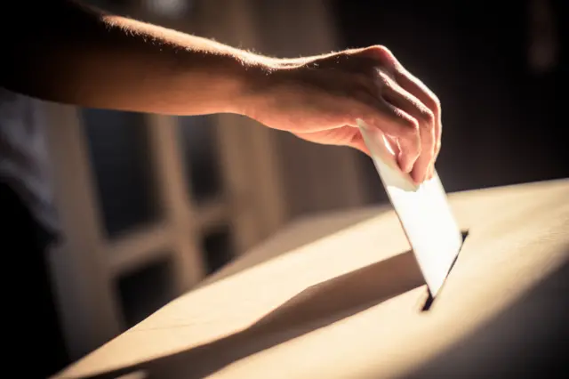 A person casting a vote at a polling station