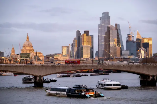 City of London skyline view looking over the River Thames and Waterloo Bridge at sunset