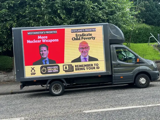 SNP campaign van with posters on the side