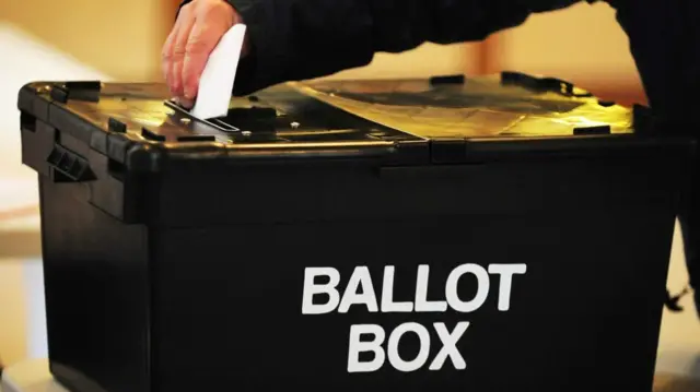 A ballot box with someone putting their vote in