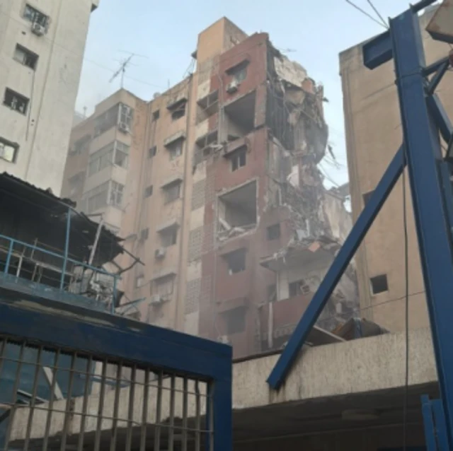 A damaged block is seen in the Dahiyeh suburbs, Beirut