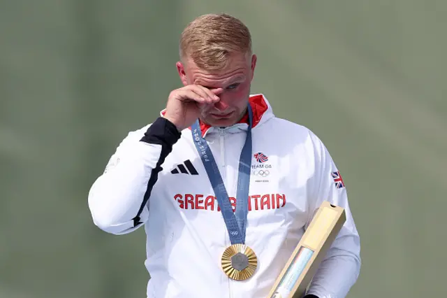 Gold medalist Nathan Hales of Team Great Britain shows emotions