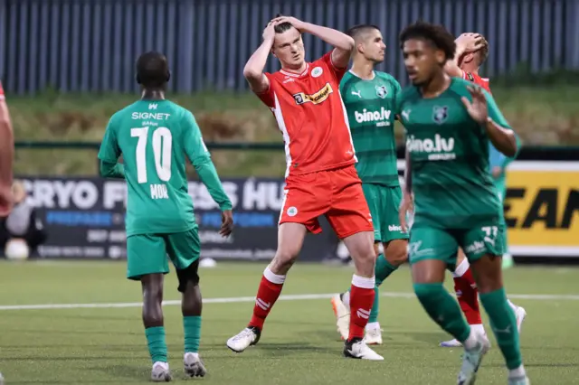 Cliftonville's Shaun Leppard reacts to a missed chance