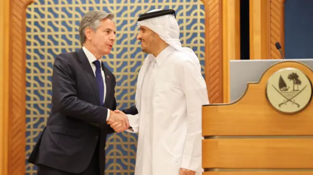 US Secretary of State Antony Blinken and Qatar's Prime Minister Sheikh Mohammed bin Abdulrahman Al Thani shake hands - photo from June 2024