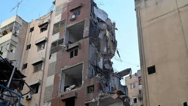 Buildings that were damaged in an Israeli strike in Beirut, Lebanon