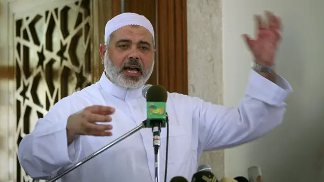 Senior Hamas leader Ismail Haniyeh gestures as he speaks at Friday prayers in Gaza City, on 03 July 2009.