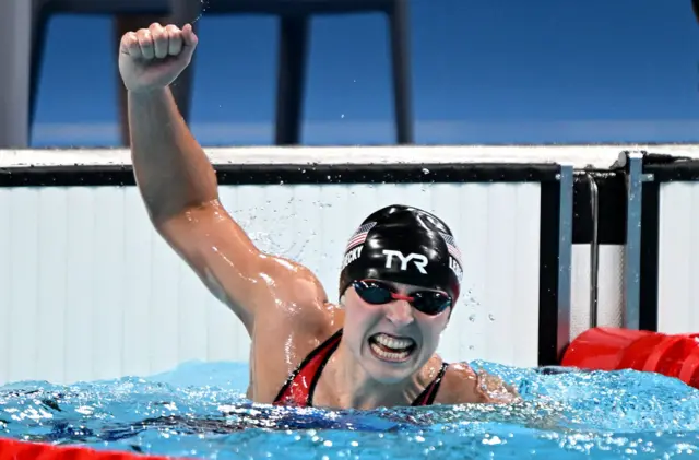 Katie Ledecky celebrates her amazing win in the 1500 metres race