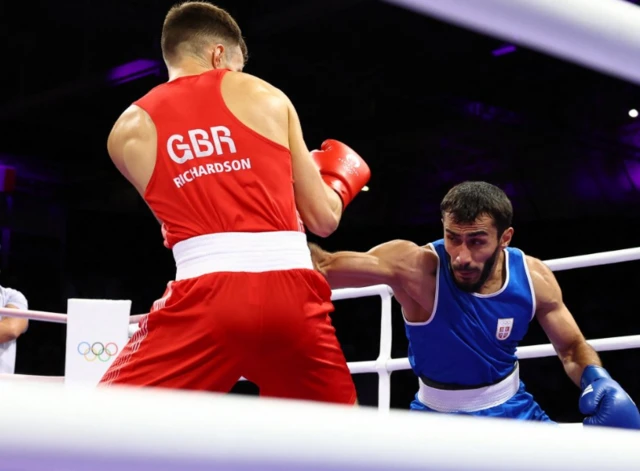 Vakhid Abbasov of Serbia in action against Lewis Richardson