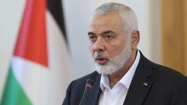 Palestinian group Hamas' top leader, Ismail Haniyeh speaks during a press conference in Tehran, Iran.