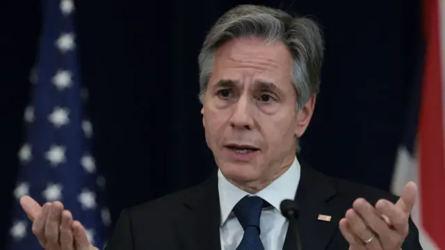 US Secretary of State Antony Blinken answers questions during a press conference with British Foreign Secretary David Cameron at the State Department December 07, 2023 in Washington, DC. Cameron is meeting with U.S. leaders and urging them to support Ukraine in its fight against the ongoing Russian invasion.