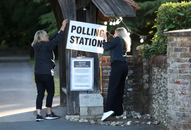 Two women putting up a Polling Station sign in Chirst Church on a wooden archway