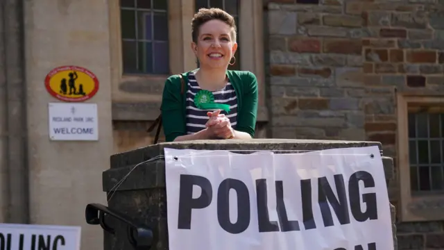 Green Party co-leader Carla Denyer after casting her vote in the 2024 General Election at Redland Park United Reformed Church in Bristol.