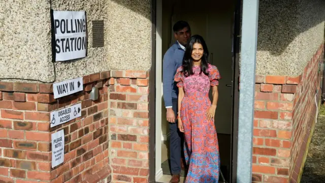 Prime Minister Rishi Sunak and his wife Akshata Murty leave after casting their votes in the 2024 General Election at Kirby Sigston Village Hall