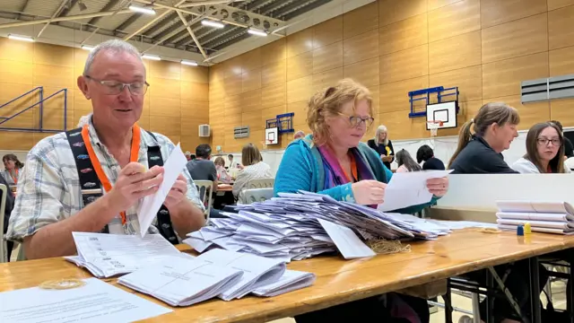 Volunteers check over the votes at Driffield Leisure Centre