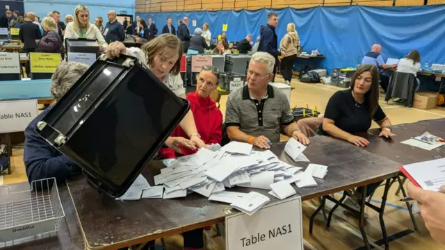 Ballot papers being put on the tables at Spennymoor Leisure Centre