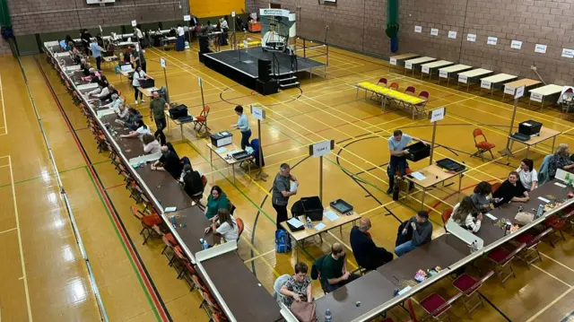 Counting teams sat around tables at the Mill House Leisure Centre in Hartlepool, verifying postal votes