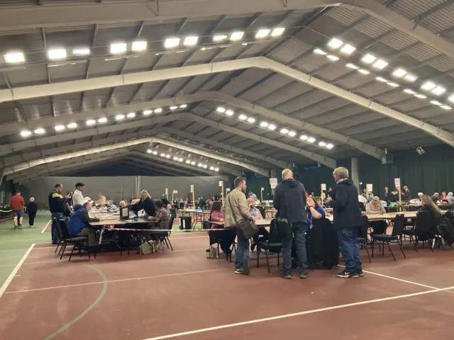 wide shot of a workers counting ballots in Gloucester for the general election 2024