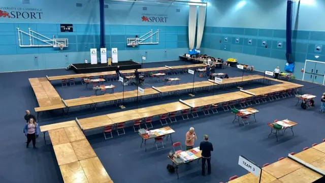 A row of desks and empty chairs at University of Cambridge Sports Centre.