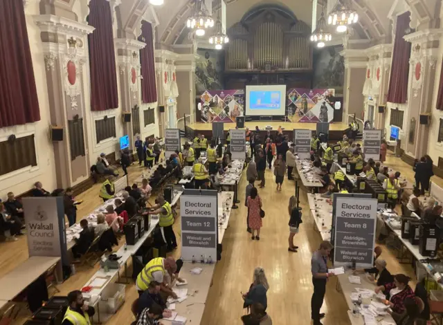 Long tables of people counting votes