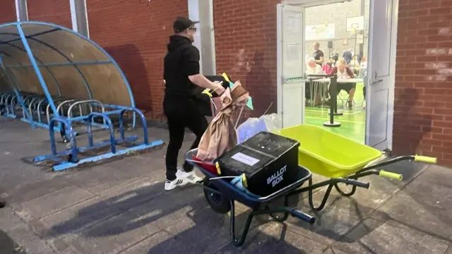 Two wheelbarrows outside the count, with a man carrying ballot boxes into the room