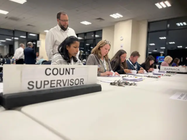 A row of counters going through ballot papers, being overseen by a man in a white shirt and lanyard. There is a sign on the table reading "count supervisor".