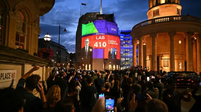 An exit poll predicting that the Labour Party led by Keir Starmer will win 410 seats in Britain's general election is projected onto BBC Broadcasting House in London on July 4, 2024.