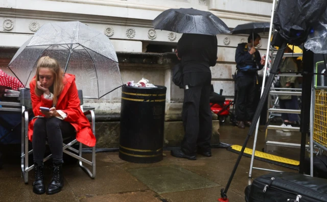 Members of press in the rain outside Downing Street