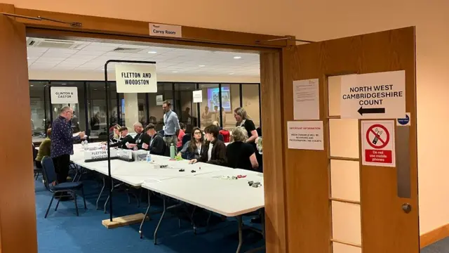 An open door with a sign that reads "North West Cambridgeshire Count" that points to a long table with people counting ballots sitting down.