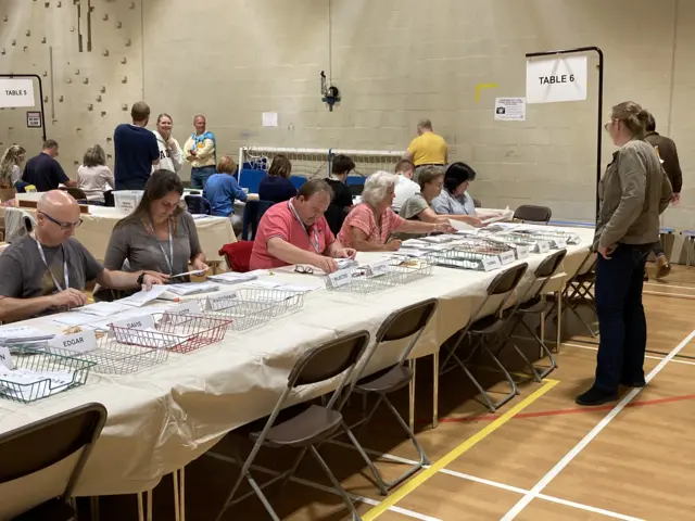 Vote counters counting through ballot papers on a long table in a leisure centre.