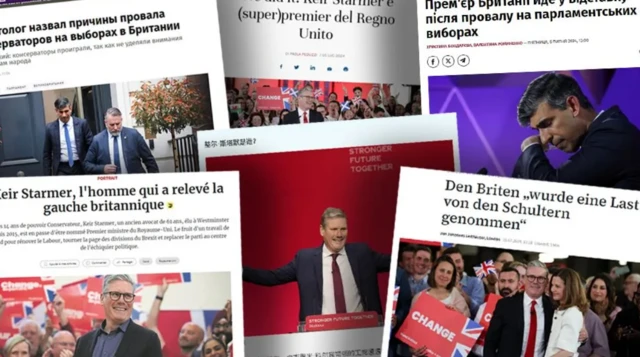 A collage of international news reports featuring photos of Keir Starmer and Rishi Sunak