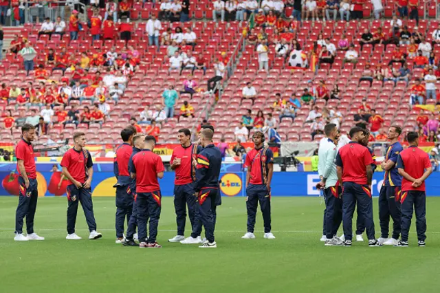 Spain's players inspect the pitch