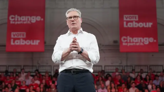 Sir Keir Starmer speaking at a major campaign event at the Royal Horticultural Halls in central London, while on the General Election campaign trail.