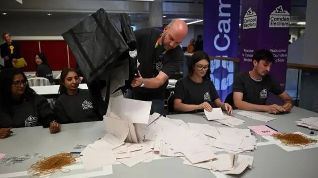 Vote counters pouring ballots on count table