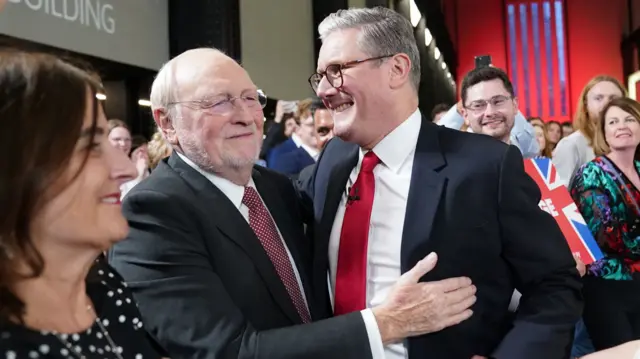 Labour leader Sir Keir Starmer is greeted by Neil Kinnock