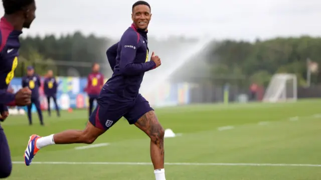 Ezri Konsa of England runs during a training session at Spa & Golf Resort Weimarer Land on July 03, 2024 in Blankenhain, Germany.