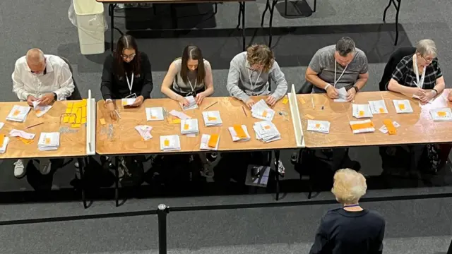 Shot from above of counters working through piles of ballot papers